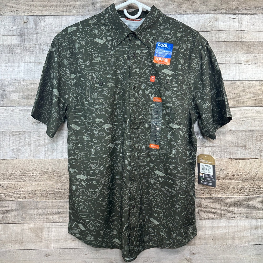 The American Outdoorsman Mens Olive Camping Map Print UPF 40 Shirt Medium NEW